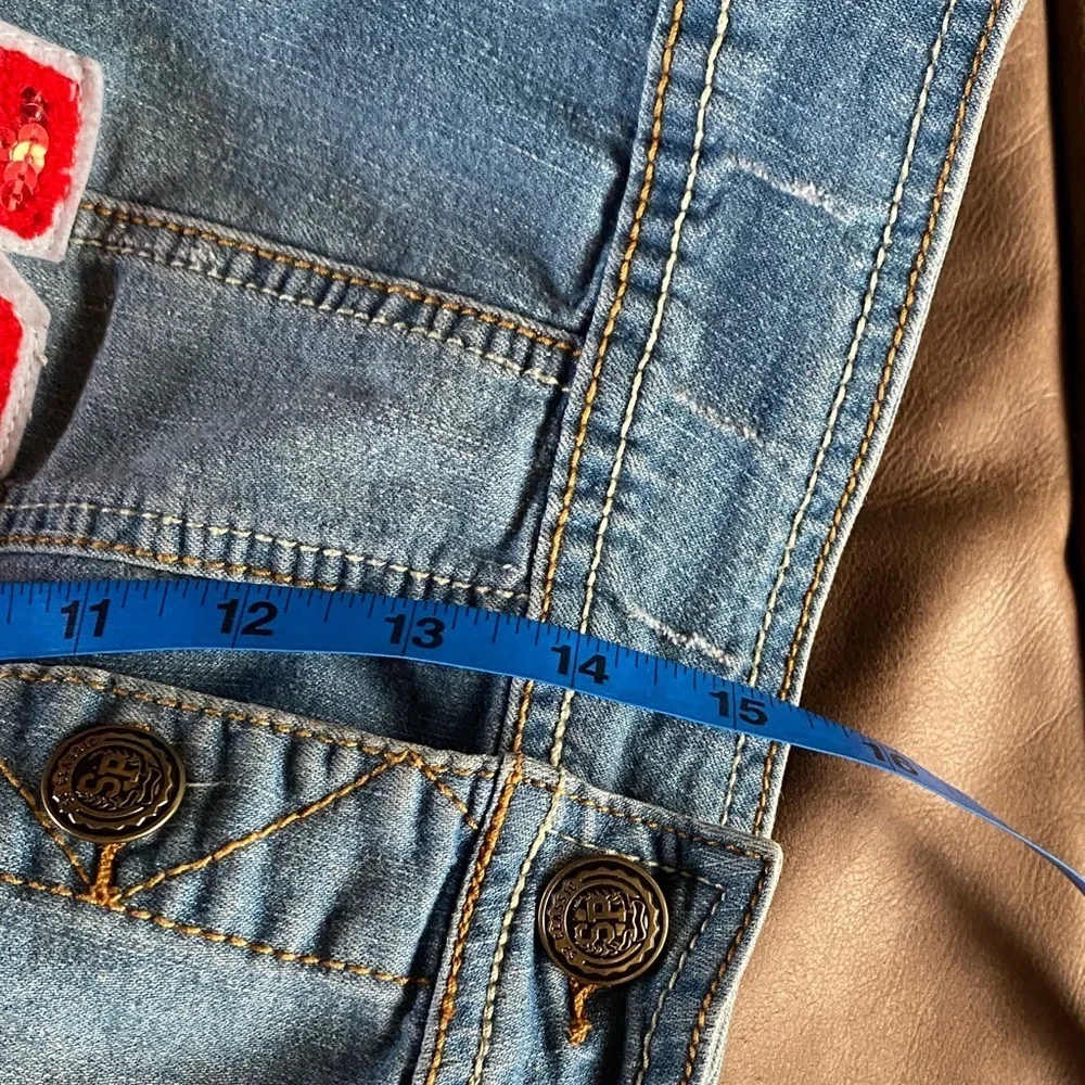 Classic Cropped Blue Denim Varsity Vest with Gray Removable Hood, Size M